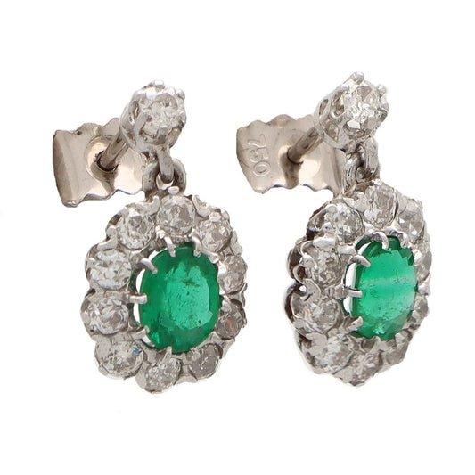 Vintage Emerald and Diamond Cluster Drop Earrings