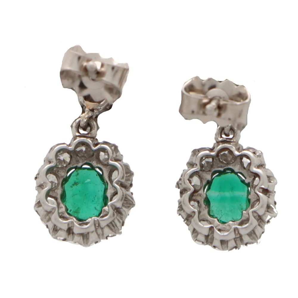 Vintage Emerald and Diamond Cluster Drop Earrings