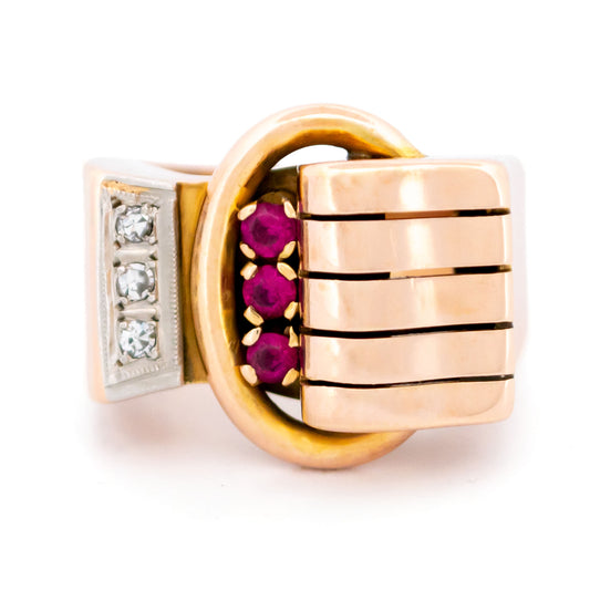 Vintage 1940s Diamond Ruby 14ct Gold Tank Band Ring