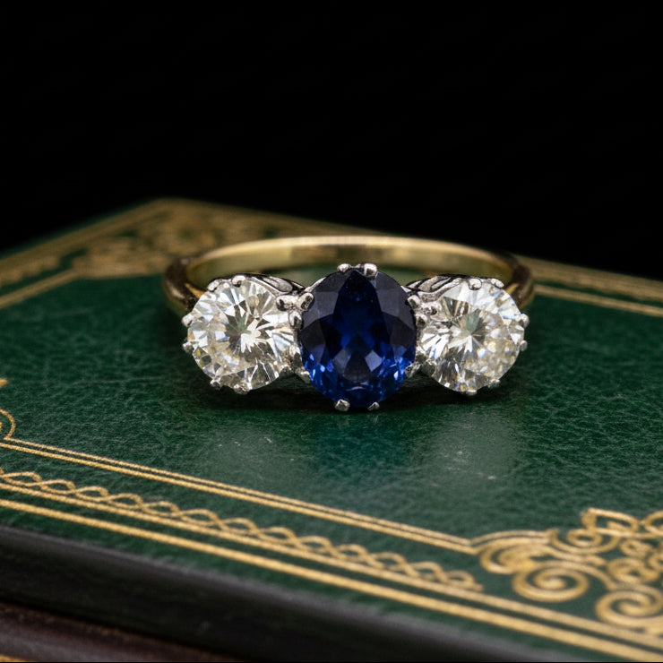 Vintage 2 carat Sapphire and Diamond Trilogy Engagement  Ring three stone. 18ct yellow gold 