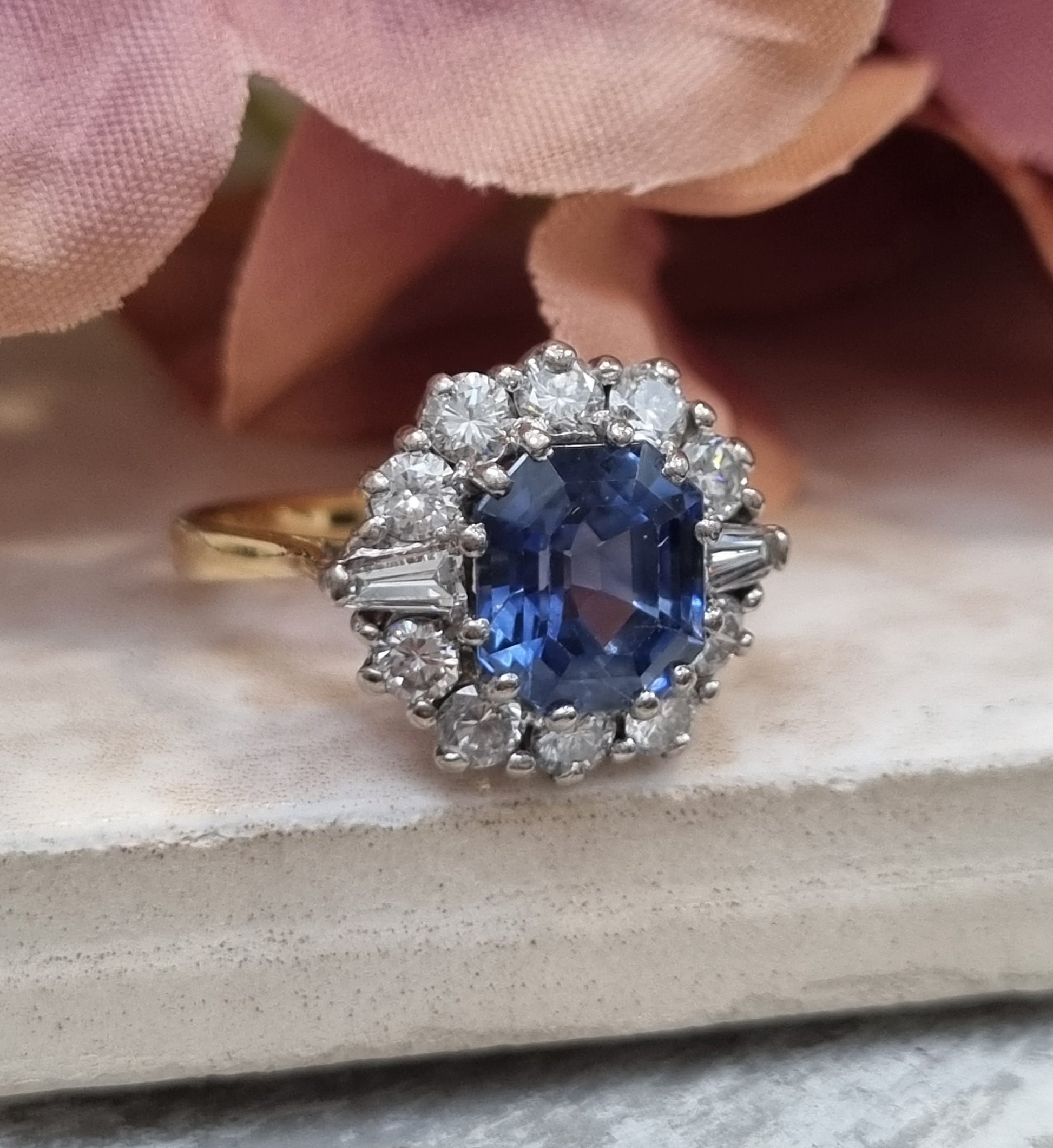 Vintage No Heat Ceylon Sapphire and Diamond Cluster Engagement Ring