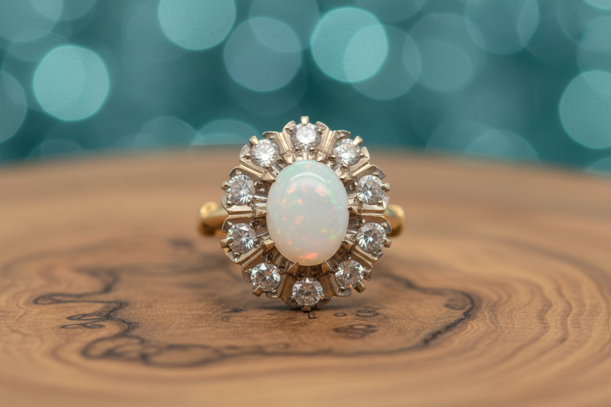 Vintage Opal and diamond cluster Engagement ring, oval shape yellow gold 