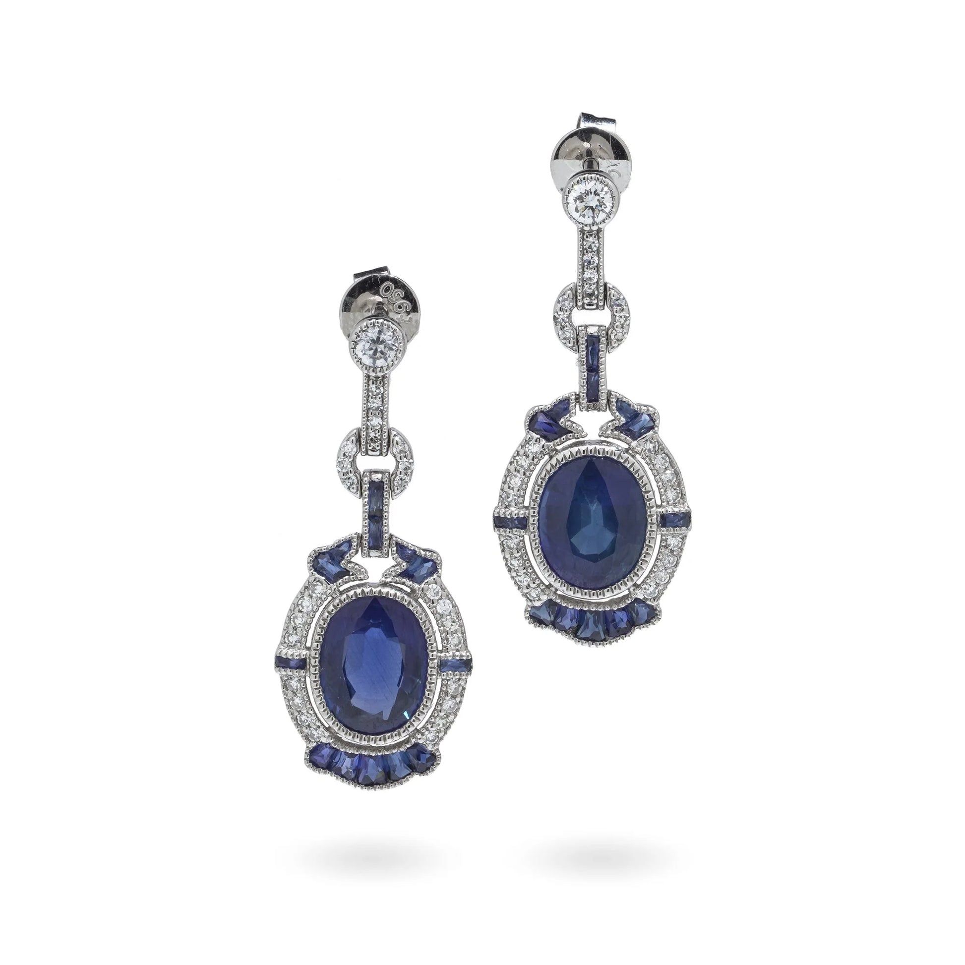 Vintage Platinum Sapphire and Diamond Drop Earrings, 2.92 cts 