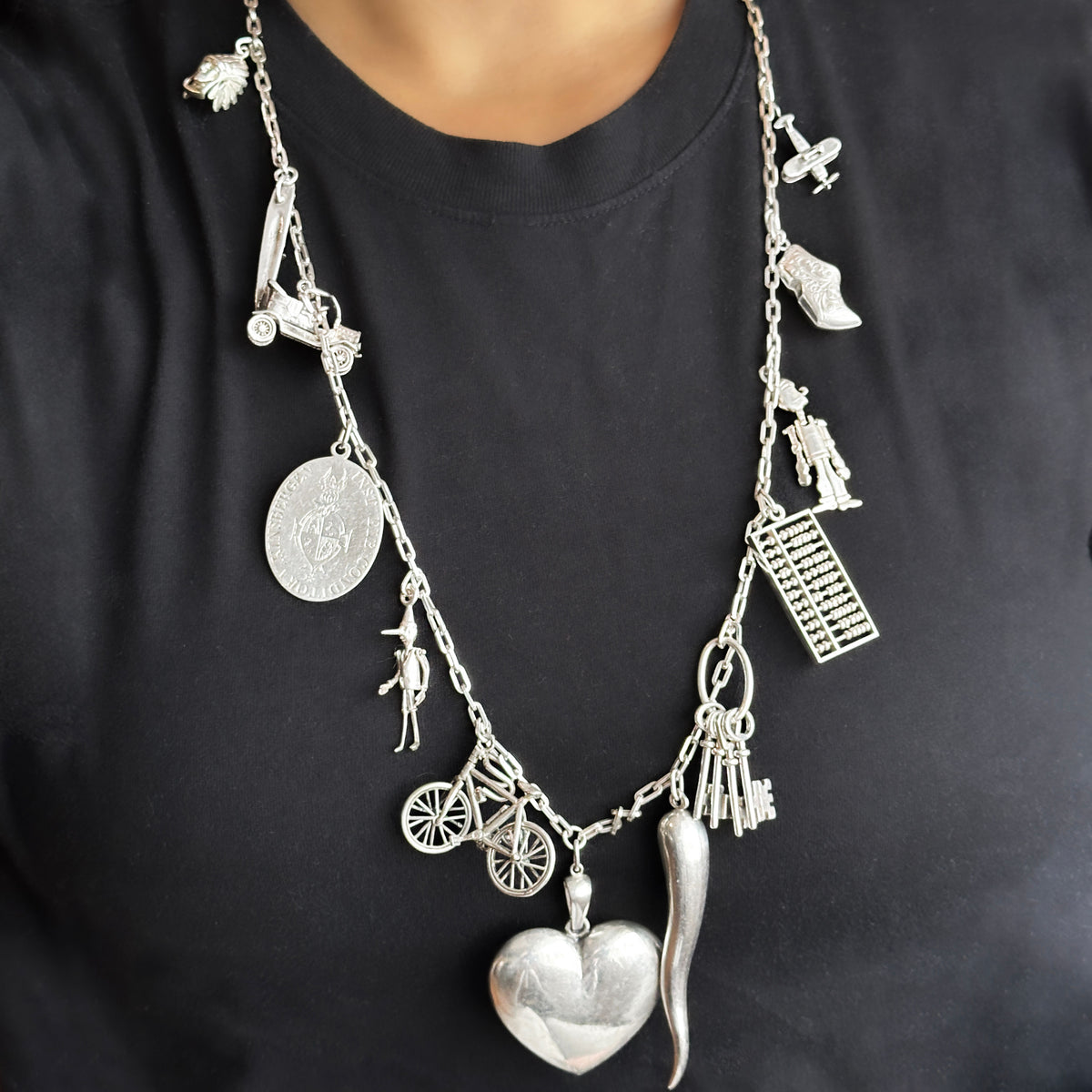 Vintage Silver 13 Charm Long Chain Necklace