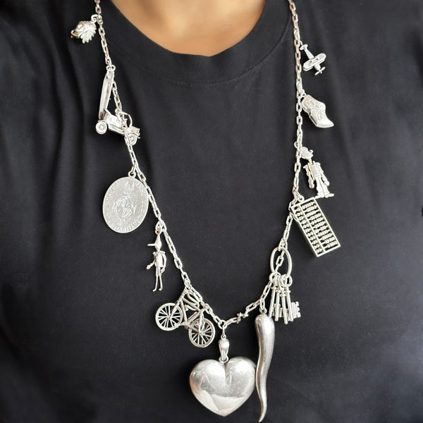 Vintage Silver 13 Charm Long Chain Necklace