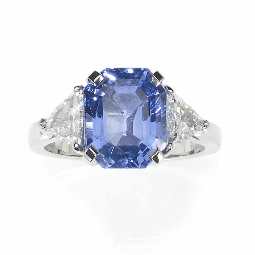Sapphire and diamond ring 5 carats 6 carats trillion cut diamond shoulder platinum three stone