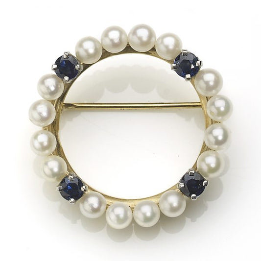 Sapphire and Pearl Circle Brooch, 18ct Yellow Gold