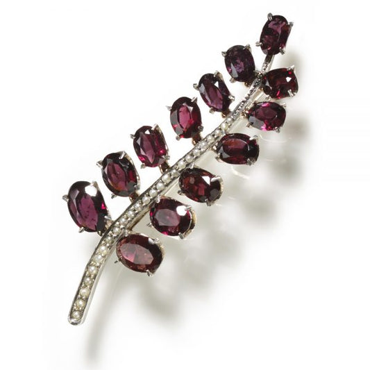 Vintage Garnet and Seed Pearl Feather Brooch