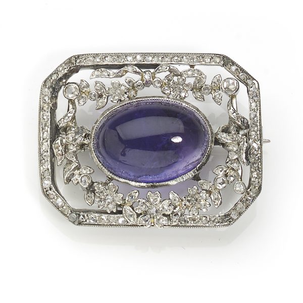 Antique Edwardian Amethyst and Diamond Set Brooch, Platinum
