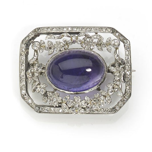Antique Edwardian Amethyst and Diamond Set Brooch, Platinum