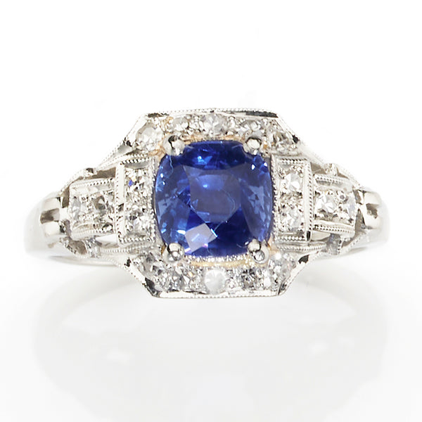 1.73ct Cushion Cut No Heat Royal Blue Sapphire and Diamond Cluster Ring in Platinum and 18ct White Gold with Certificate