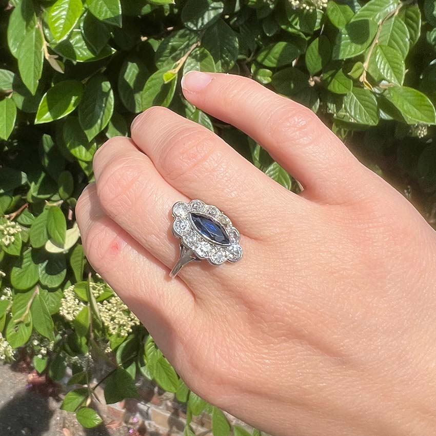 Art Deco Marquise Ceylon Sapphire and Diamond Cluster Ring