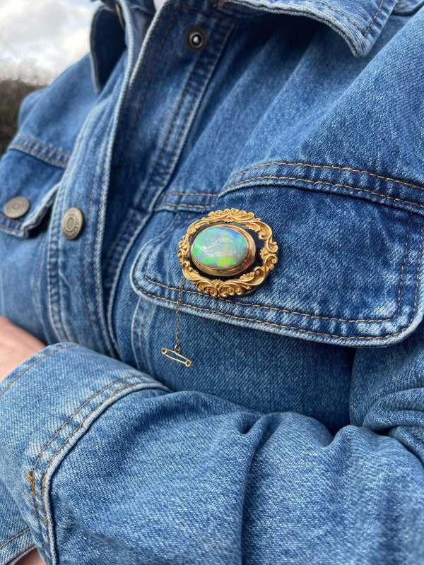 Victorian Opal And Black Enamel Brooch in 9 Carat Yellow Gold