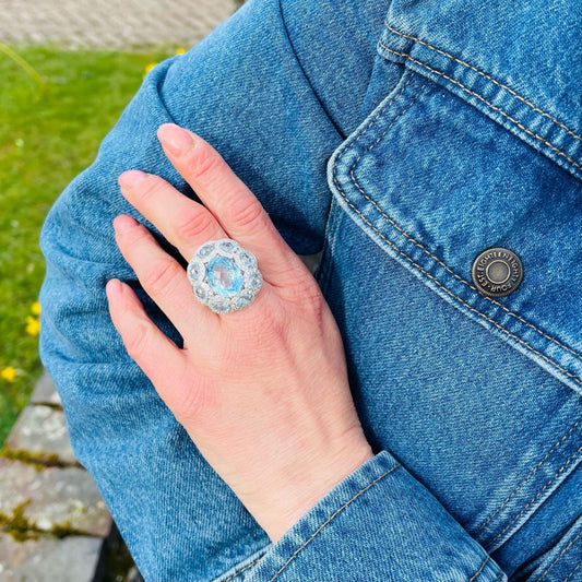 Jay Feder 18 Carat White Gold 8.8 Carat Blue Topaz And Diamond Ring