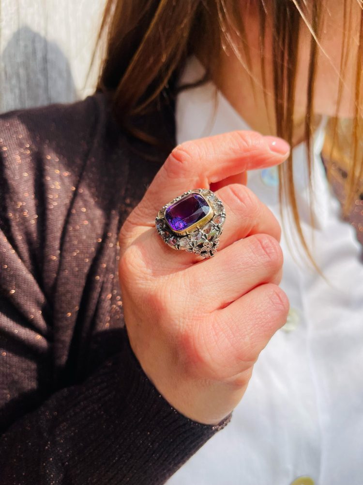 Victorian 9 Carat Gold And Silver 10 Carat Amethyst And Diamond Ring