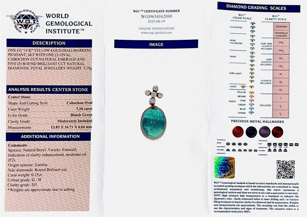 Vintage 7.30ct Zambian Emerald and Diamond Pendant