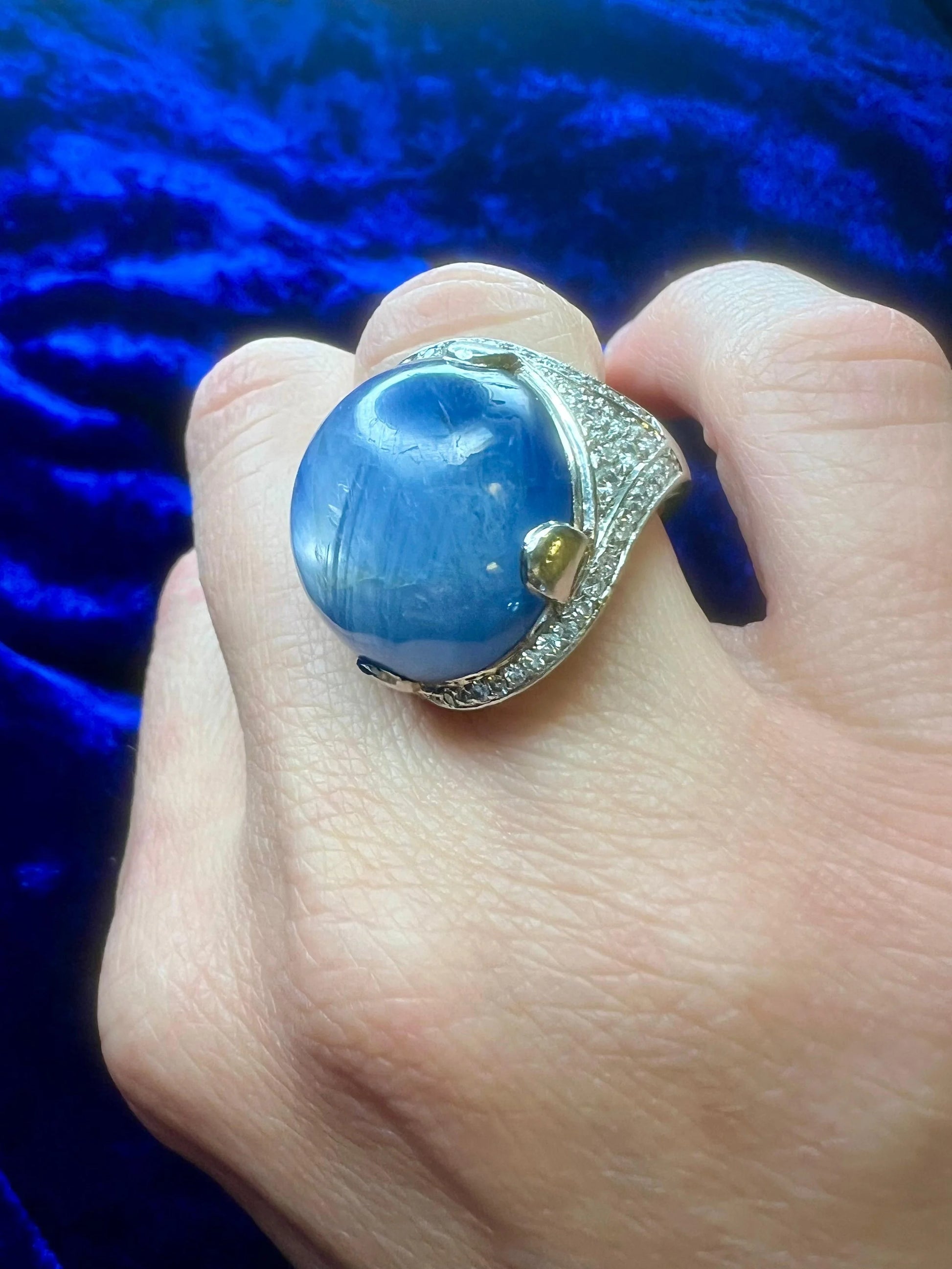Platinum Dome Ring With 46.00 Carat Round Cabochon Sapphire