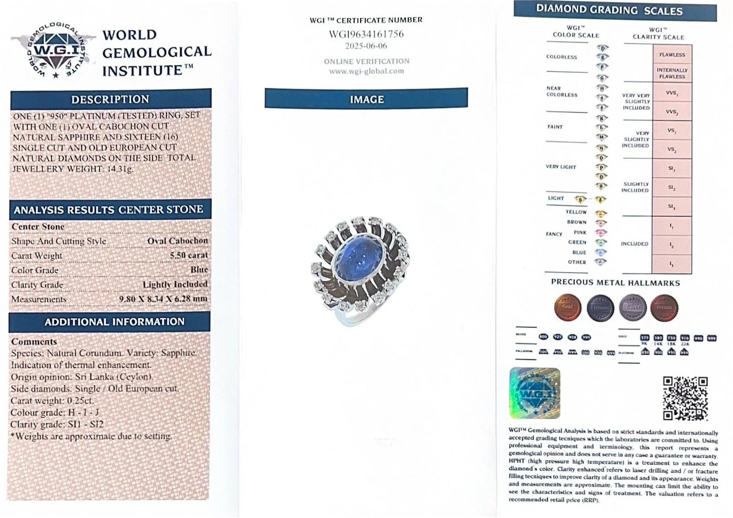A W.G.I certificate for a sapphire and diamond platinum ring