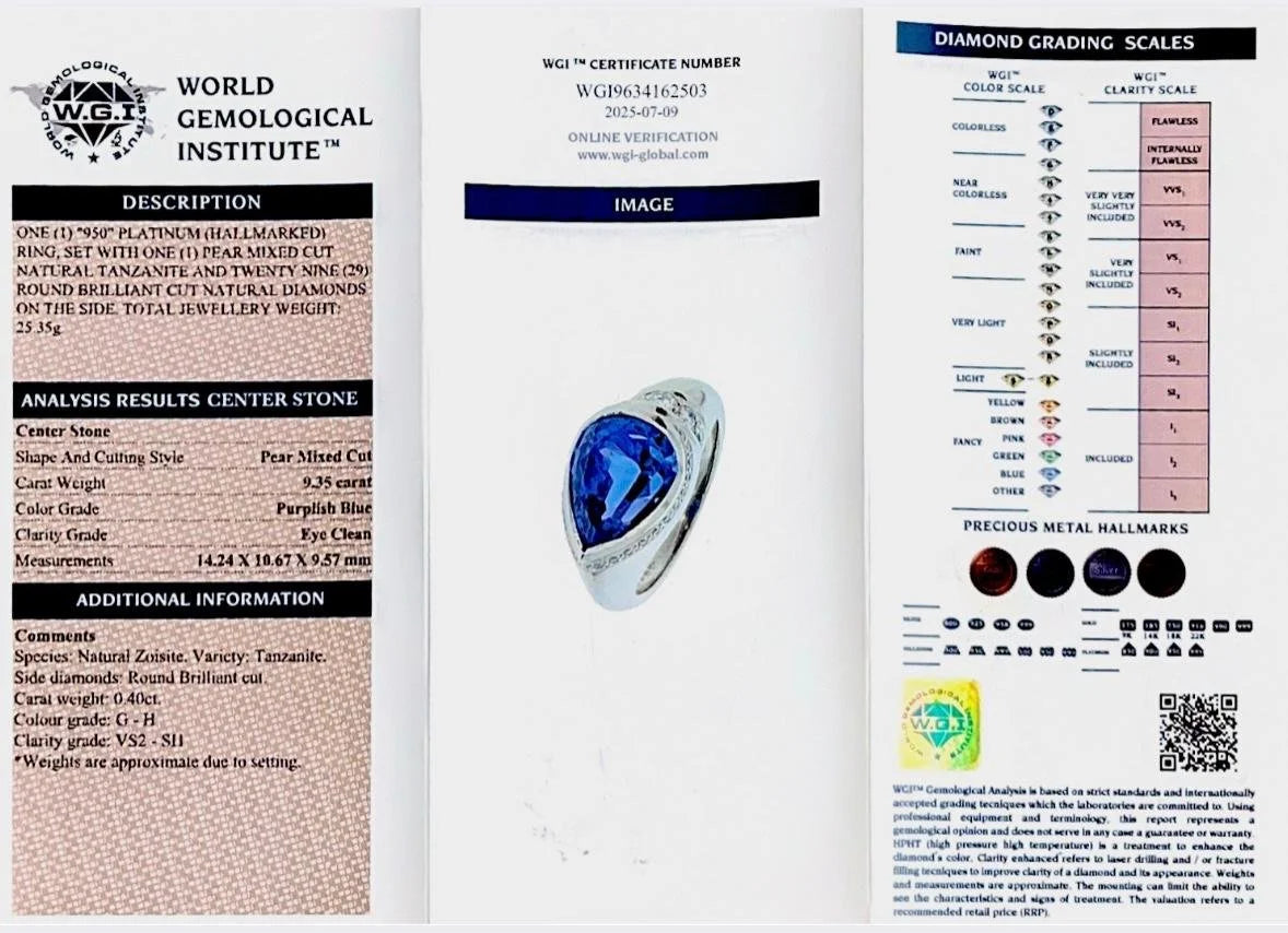 9.35ct Pear Cut Tanzanite and Diamond Ring in Platinum