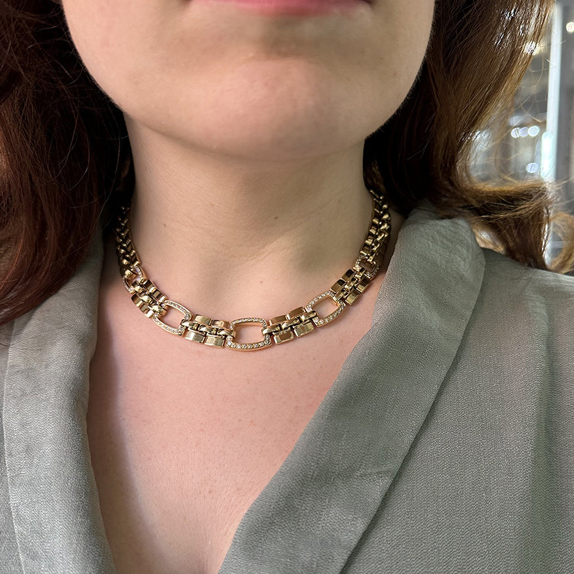 Vintage Italian Diamond Set Gold Collar Necklace