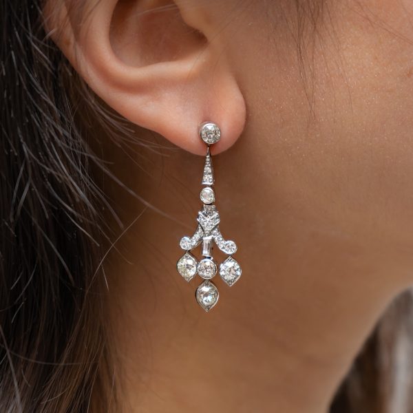 Art Deco Style Diamond Drop Earrings, Platinum