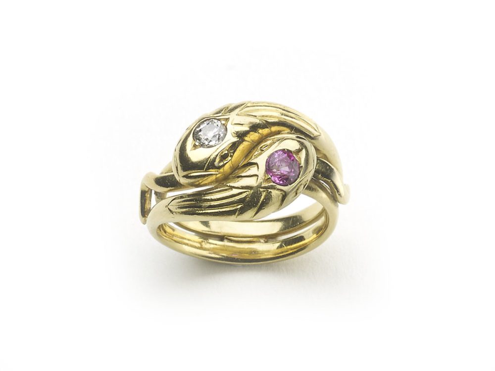 Antique Art Nouveau Maurice Beck Ruby and Diamond Snake Ring