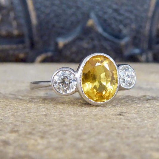 Yellow Sapphire and Diamond Three Stone Platinum Ring