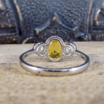 Yellow Sapphire and Diamond Three Stone Platinum Ring