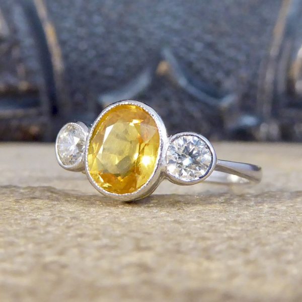 Yellow Sapphire and Diamond Three Stone Platinum Ring