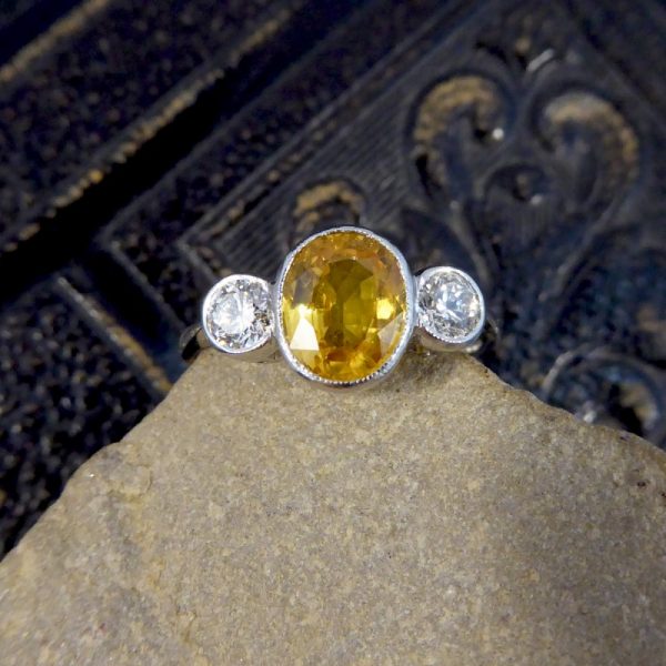 Yellow Sapphire and Diamond Three Stone Platinum Ring