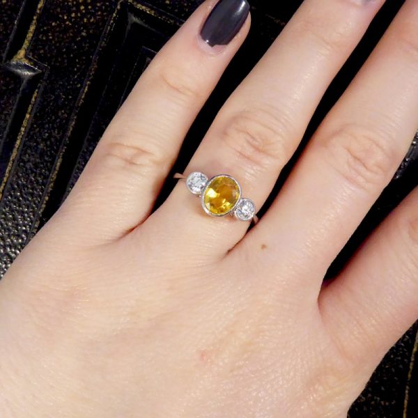 Yellow Sapphire and Diamond Three Stone Platinum Ring