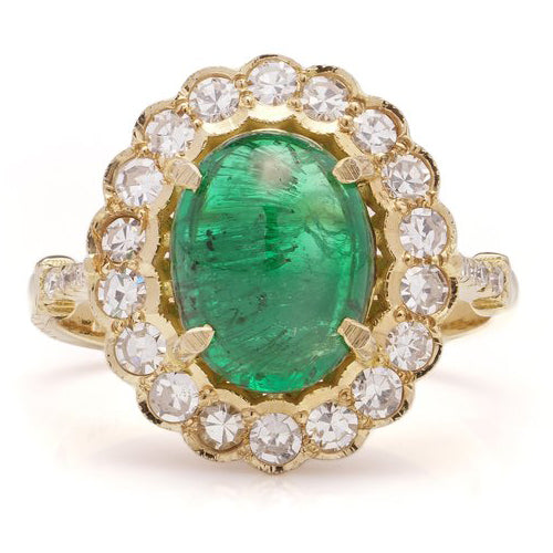 Vintage 6.31ct Oval Cabochon Zambian Emerald and Diamond Cluster Ring
