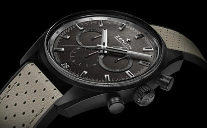 Zenith Range Rover Special Edition Automatic Chronograph Watch, model 24 2040 400 27 R797, 42mm ceramic aluminium case with grey dial, El Primero column-wheel chronograph with date indication at 6 o'clock, Special oscillating weight with Zenith and Range Rover logo, on a black rubber strap with ivory tone perforated calfskin. Brand New with box, papers and two year manufacturer warranty