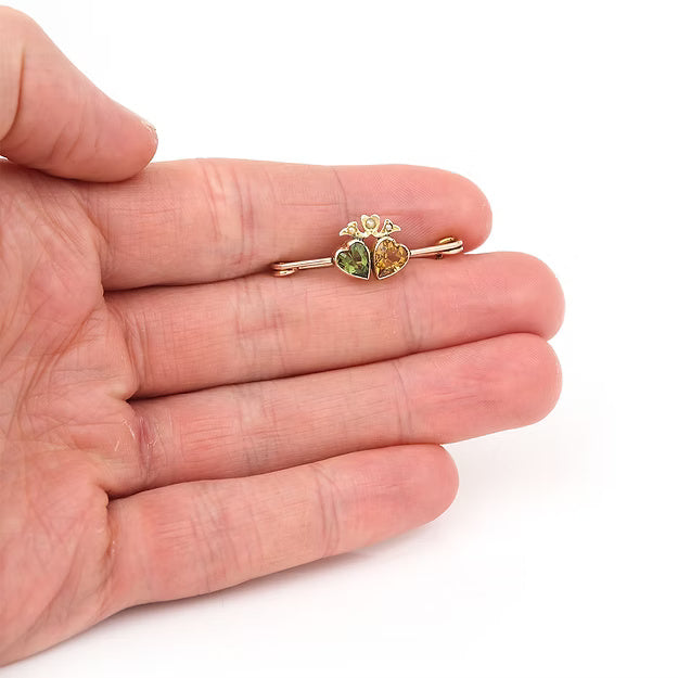 Edwardian Peridot, Citrine and Pearl Twin Heart Brooch, Circa 1910