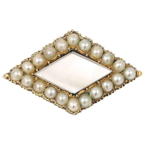 Antique Victorian 18ct gold rhomboid mourning brooch with original split pearls and a carved central pearl panel, circa 1880.
