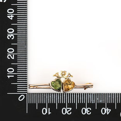 Edwardian Peridot, Citrine and Pearl Twin Heart Brooch, Circa 1910