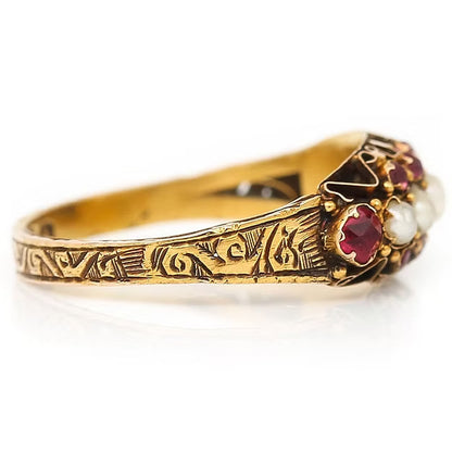 Antique Victorian 15ct Yellow Gold Ruby And Pearl Ring Circa 1878