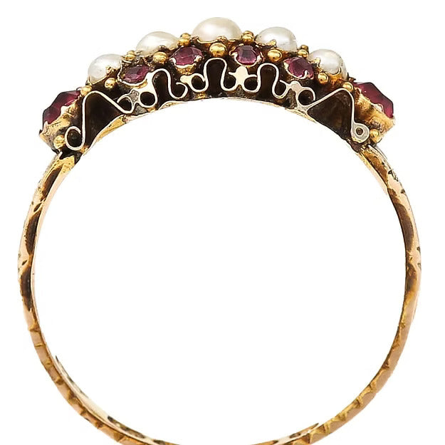 Antique Victorian 15ct Yellow Gold Ruby And Pearl Ring Circa 1878
