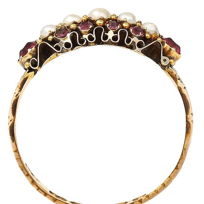Antique Victorian 15ct Yellow Gold Ruby And Pearl Ring Circa 1878