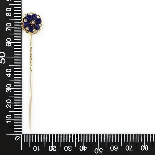 Antique Victorian 15ct Gold Blue Enamel and Rose Cut Diamond Stick Pin, Circa 1890