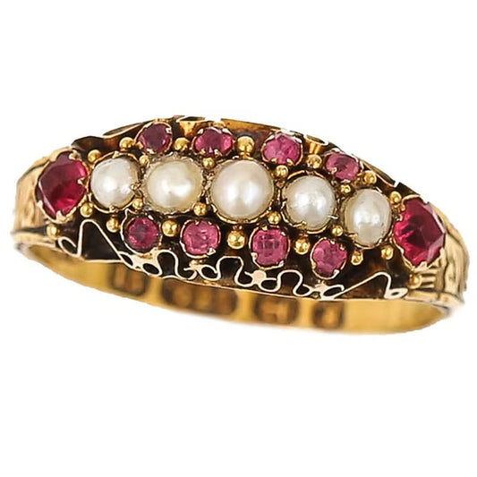 Antique 15ct yellow gold Victorian ruby and pearl ring with ornate engraving, dated 1878