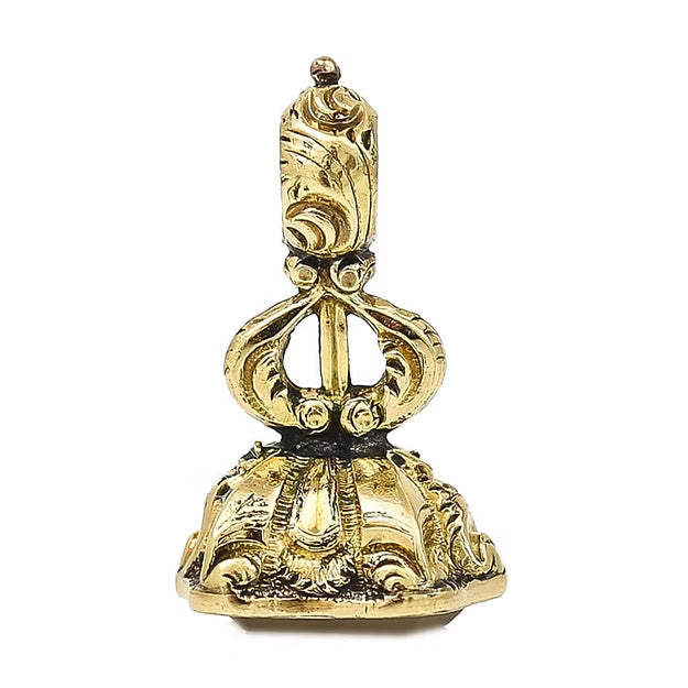 Mini Victorian 9ct gold fob seal with chalcedony shield base engraved with forget-me-not flower and lyre motif detailing, circa 1880