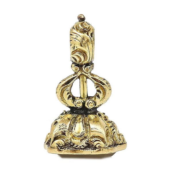 Mini Victorian 9ct gold fob seal with chalcedony shield base engraved with forget-me-not flower and lyre motif detailing, circa 1880