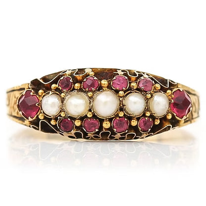 Antique Victorian 15ct Yellow Gold Ruby And Pearl Ring Circa 1878
