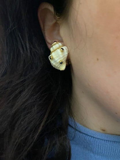 Vintage Gem Set Shell Gold Earrings