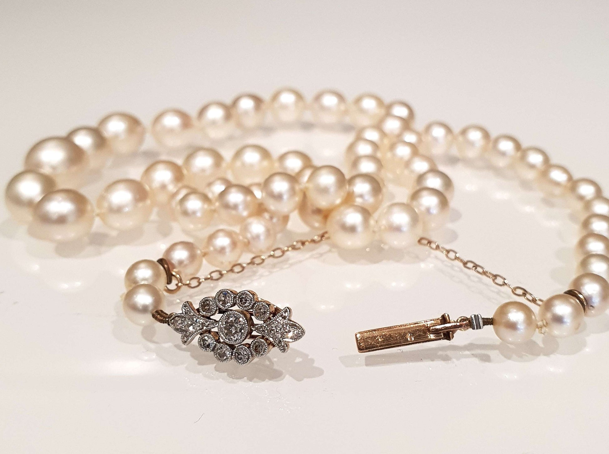 Art Deco Akoya Pearl Necklace with Diamond Clasp