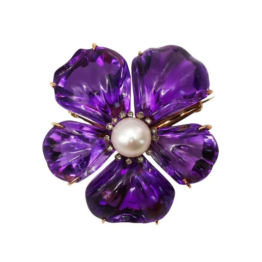 Antique Amethyst Pearl Diamond Pansy Flower Brooch, Circa 1880