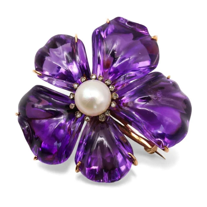 Victorian Antique Amethyst Pearl Diamond Pansy Flower Brooch, Circa 1880