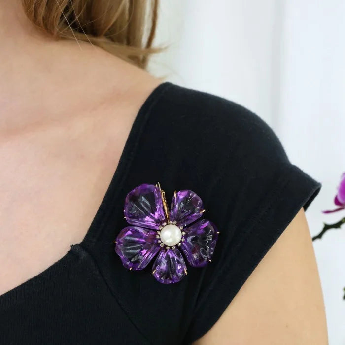 Victorian Antique Amethyst Pearl Diamond Pansy Flower Brooch, Circa 1880