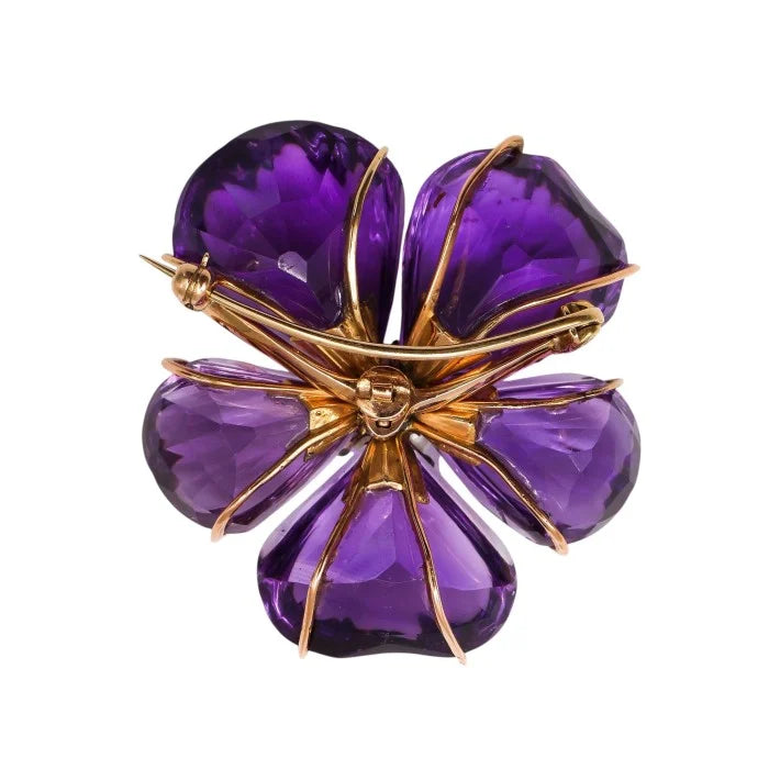 Victorian Antique Amethyst Pearl Diamond Pansy Flower Brooch, Circa 1880